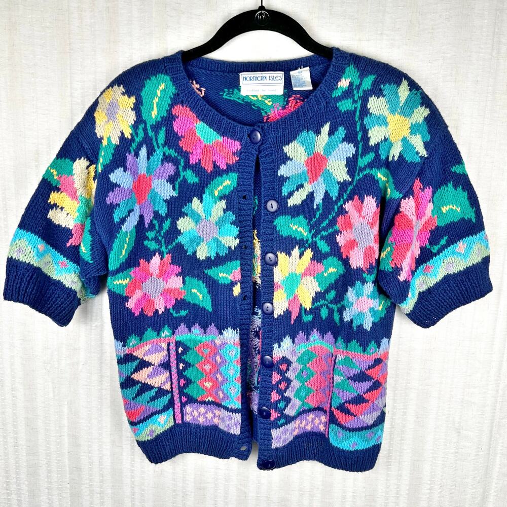 Vintage Northern Isles Colorful Floral Geo Knit Short Sleeve Cardigan Size S